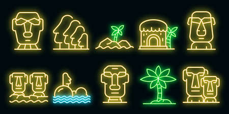 Easter Island icons set. Outline set of Easter Island vector icons neon color on blackのイラスト素材