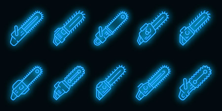 Chainsaw icons set. Outline set of chainsaw vector icons neon color on blackのイラスト素材