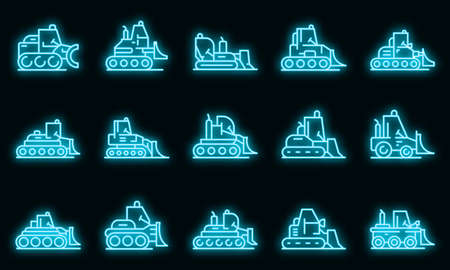 Bulldozer icons set. Outline set of bulldozer vector icons neon color on blackのイラスト素材