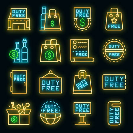 Duty free shop icons set. Outline set of duty free shop vector icons neon color on blackのイラスト素材