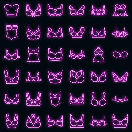 Bra icons set. Outline set of bra vector icons neon color on blackのイラスト素材
