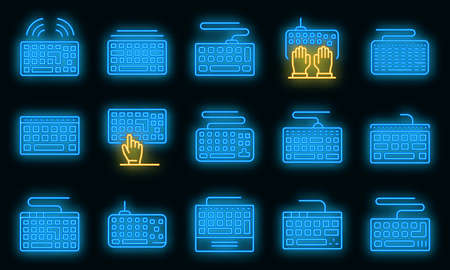 Keyboard icons set. Outline set of keyboard vector icons neon color on blackのイラスト素材