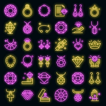 Jeweler icons set. Outline set of jeweler vector icons neon color on blackのイラスト素材