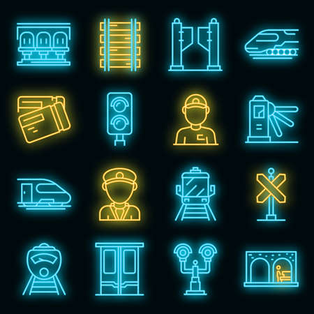 Electric train driver icons set. Outline set of electric train driver vector icons neon color on blackのイラスト素材