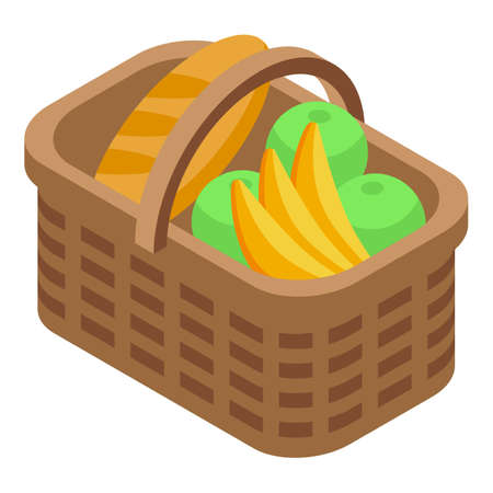 Fruits picnic basket icon isometric vector. Food summer basket. Hamper lunch bagのイラスト素材