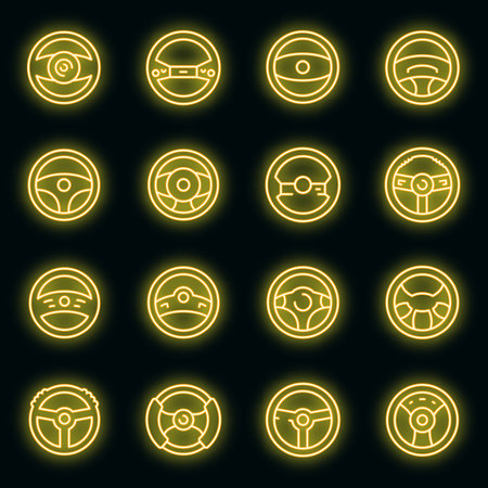 Steering wheel icons set. Outline set of steering wheel vector icons neon color on blackのイラスト素材