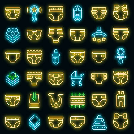 Diaper icons set. Outline set of diaper vector icons neon color on blackのイラスト素材