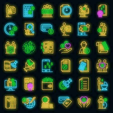 Allowance icons set. Outline set of allowance vector icons neon color on blackのイラスト素材