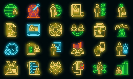Outsource icons set. Outline set of outsource vector icons neon color on blackのイラスト素材