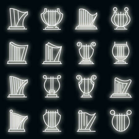 Harp icons set. Outline set of harp vector icons neon color on blackのイラスト素材