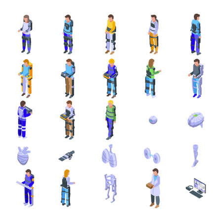 Exoskeleton icons set isometric vector. Artificial body. Cyber futureのイラスト素材