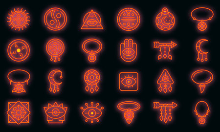 Amulet icons set. Outline set of amulet vector icons neon color on blackのイラスト素材