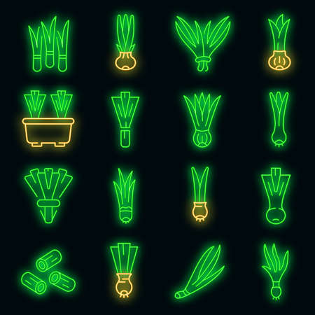Chives icons set. Outline set of chives vector icons neon color on blackのイラスト素材
