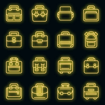 Laptop bag icons set. Outline set of laptop bag vector icons neon color on blackのイラスト素材
