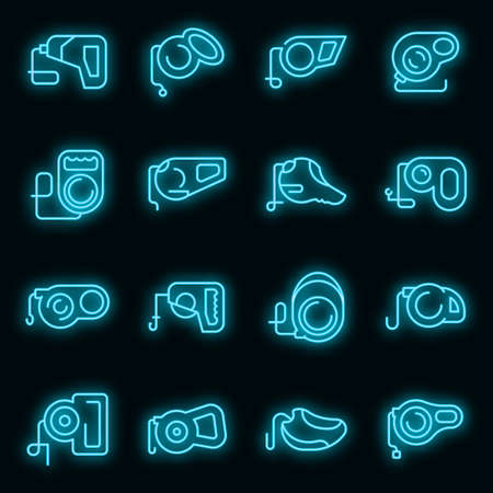 Retractable dog leash icons set. Outline set of retractable dog leash vector icons neon color on blackのイラスト素材