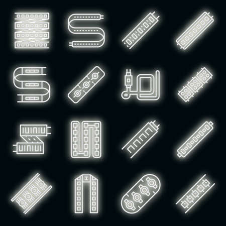 Led strip lights icons set. Outline set of led strip lights vector icons neon color on blackのイラスト素材