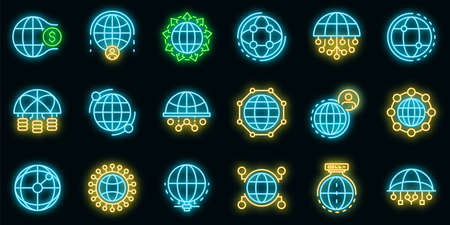 Global network icons set. Outline set of global network vector icons neon color on blackのイラスト素材
