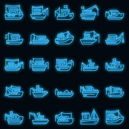 Fishing boat icons set. Outline set of fishing boat vector icons neon color on blackのイラスト素材