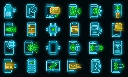 Mobile payment icons set. Outline set of mobile payment vector icons neon color on blackのイラスト素材