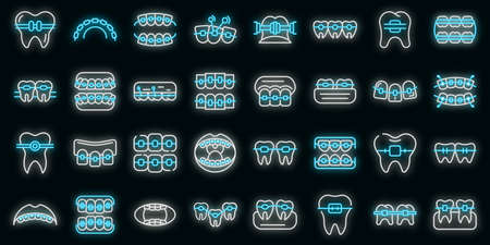 Tooth braces icons set. Outline set of tooth braces vector icons neon color on black