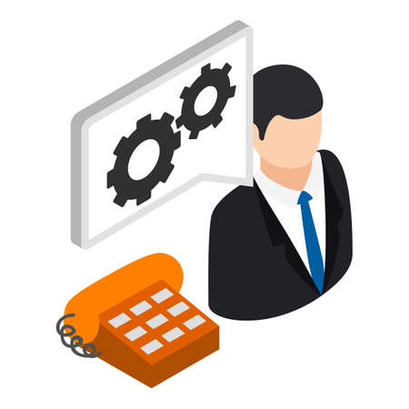 Technical support icon isometric vector. Male consultant and landline telephone. Virtual technical support serviceのイラスト素材