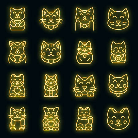 Lucky cat icons set. Outline set of lucky cat vector icons neon color on blackのイラスト素材