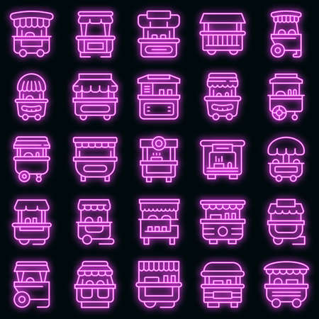 Hot dog cart icons set. Outline set of hot dog cart vector icons neon color on blackのイラスト素材