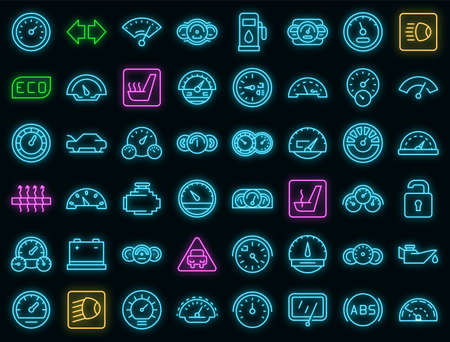 Car dashboard icons set. Outline set of car dashboard vector icons neon color on blackのイラスト素材