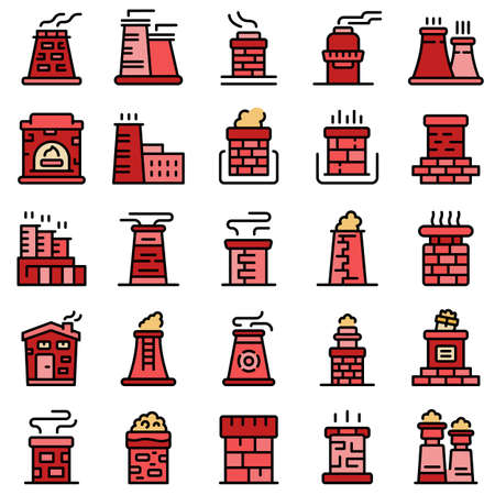 Chimney icons set. Outline set of chimney vector icons thin line color flat on whiteのイラスト素材