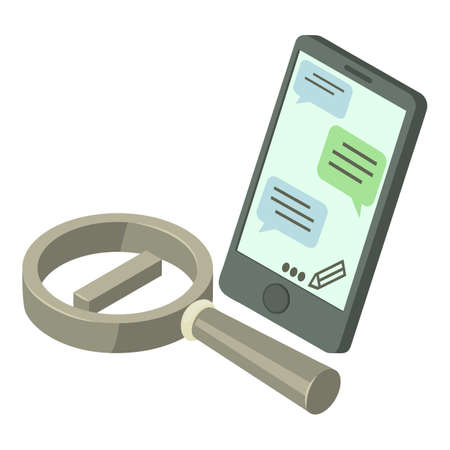 Messaging app icon isometric vector. Smartphone with text message and magnifier. Chatting and messagingのイラスト素材