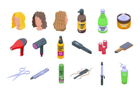Curly hair care icons set isometric vector. Hair dandruff. Shampoo massageのイラスト素材