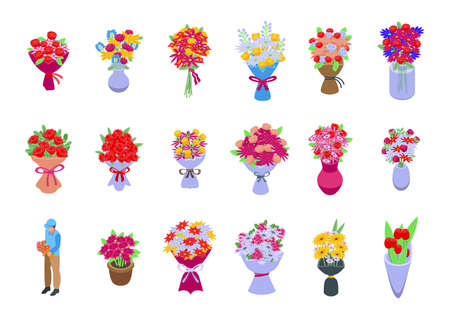 Bouquet icons set isometric vector. Flower basket. Vase bunchのイラスト素材
