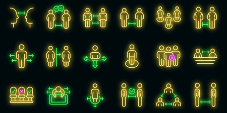 Keep distance icons set. Outline set of keep distance vector icons neon color on blackのイラスト素材