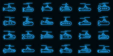 Submarine icons set. Outline set of submarine vector icons neon color on blackのイラスト素材