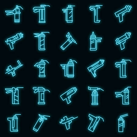 Silicone caulk gun icons set. Outline set of silicone caulk gun vector icons neon color on blackのイラスト素材