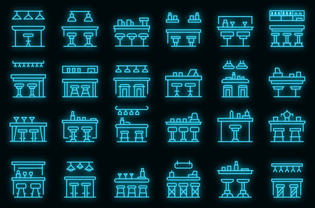 Bar counter icons set. Outline set of bar counter vector icons neon color on blackのイラスト素材