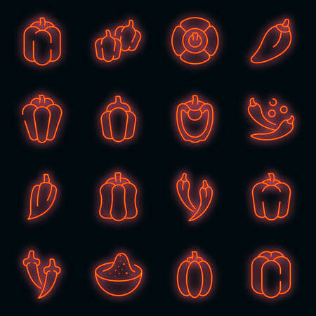 Paprica icons set. Outline set of paprica vector icons neon color on blackのイラスト素材
