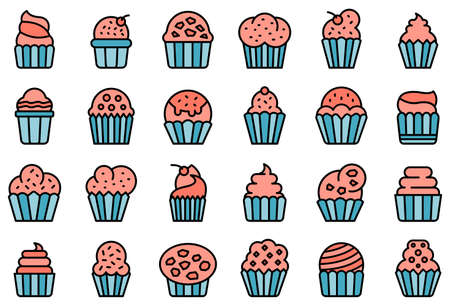 Muffin icons set. Outline set of muffin vector icons thin line color flat isolated on whiteのイラスト素材