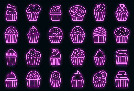 Muffin icons set. Outline set of muffin vector icons neon color on blackのイラスト素材