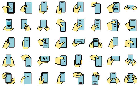 Hand holding phone icons set outline vector. Mobile chat. Smartphone messenger color flatのイラスト素材