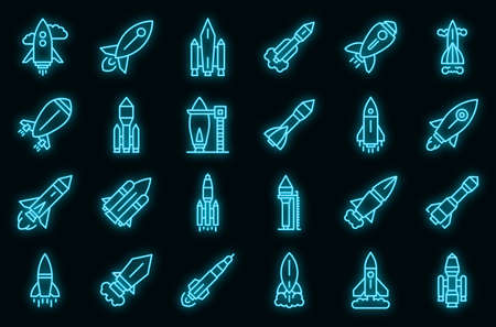 Spacecraft launch icons set. Outline set of spacecraft launch vector icons neon color on blackの写真素材