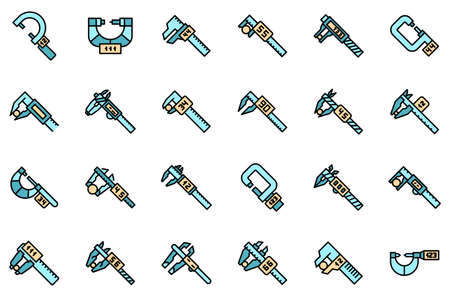 Digital micrometer icons set. Outline set of digital micrometer vector icons thin line color flat isolated on whiteのイラスト素材
