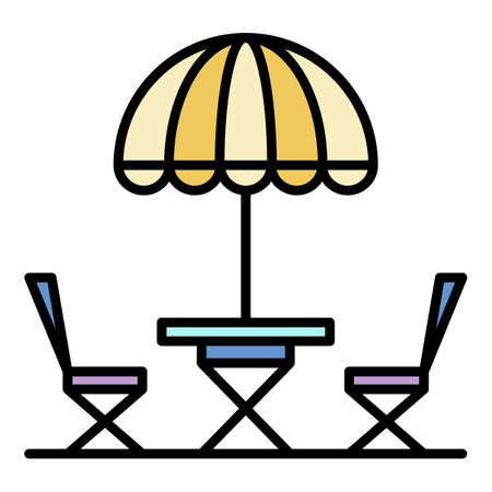 Street cafe chair umbrella icon. Outline street cafe chair umbrella vector icon color flat isolated on whiteのイラスト素材
