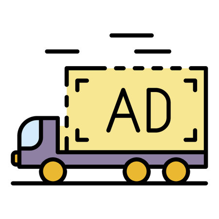 Ad on truck icon. Outline ad on truck vector icon color flat isolatedのイラスト素材
