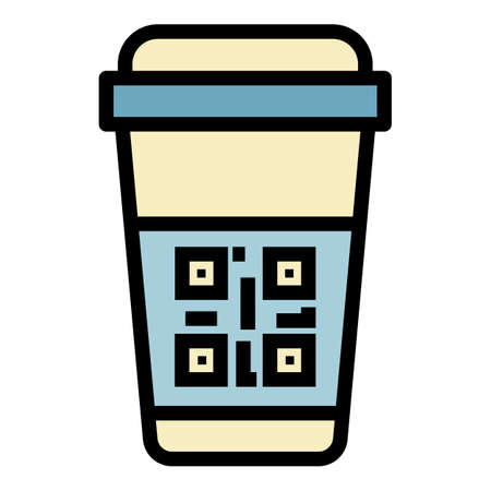 QR code on a plastic cup icon. Outline QR code on a plastic cup vector icon color flat isolated