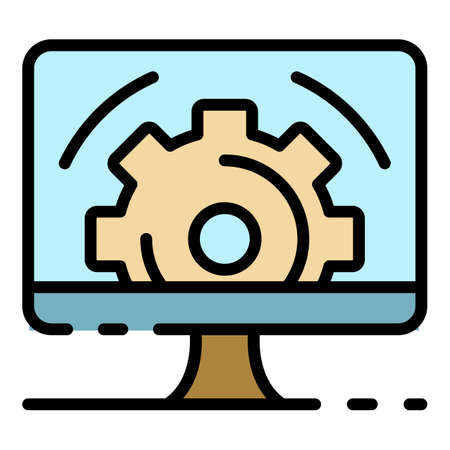 Gear on computer screen icon. Outline gear on computer screen vector icon color flat isolatedのイラスト素材
