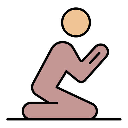 A man praying on his knees icon. Outline a man praying on his knees vector icon color flat isolatedのイラスト素材