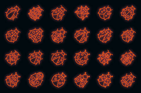 Insect ladybird icons set. Outline set of insect ladybird vector icons neon color on blackのイラスト素材