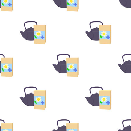Teapot of herbal tea with chamomile pattern seamless background texture repeat wallpaper geometric vectorのイラスト素材
