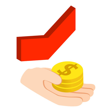 Financial insurance icon isometric vector. Hand holds stack coin, red arrow down. Financial loss, reduced income, inflationのイラスト素材